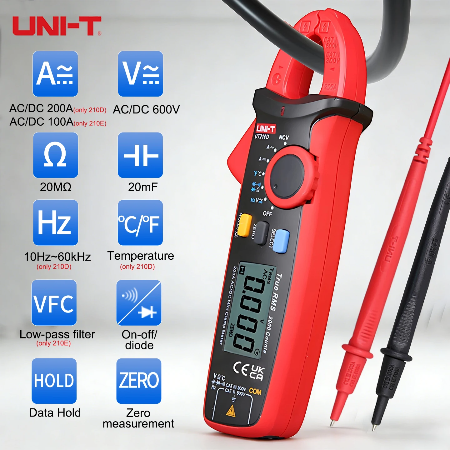 UNI-T Digital Clamp Meter True RMS 200A AC/DC 600V NCV VFC Resistance Capacitance Frequency for Electrical Testing