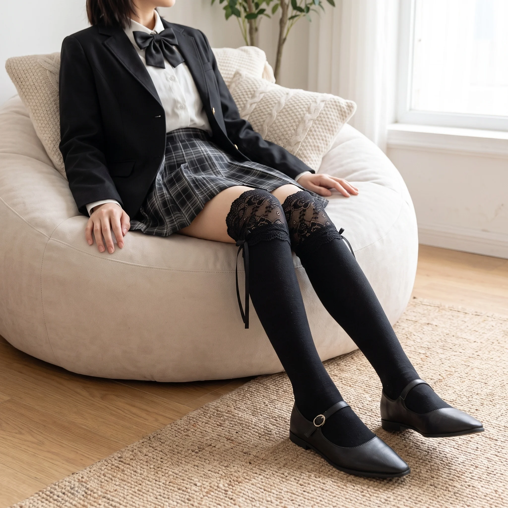 Moon Girl, Ballet‑Style Lace Over‑the‑Knee Socks for Women, JK Bow Tie‑Up Mid‑Calf Slouch Socks, Sweet‑Cool Fashion Leg Accessory, Perfect for Daily Wear & Matching JK Uniforms and Sweet‑Style Outfits.