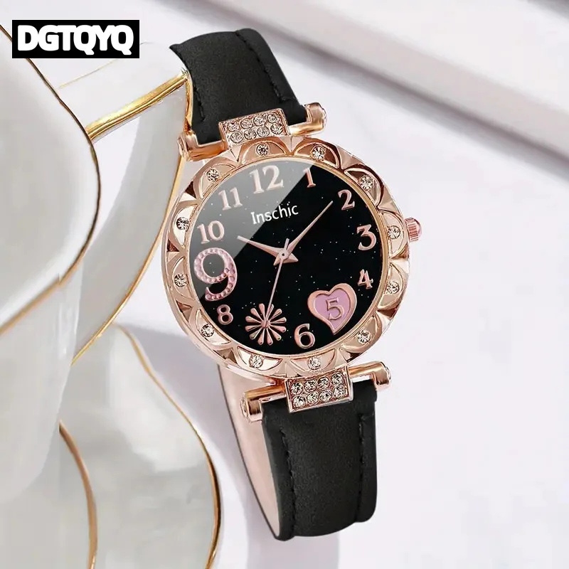 Fashion Casual Love Heart Arabic Numeral Markers Dial Leather Band Women's Quartz Watch