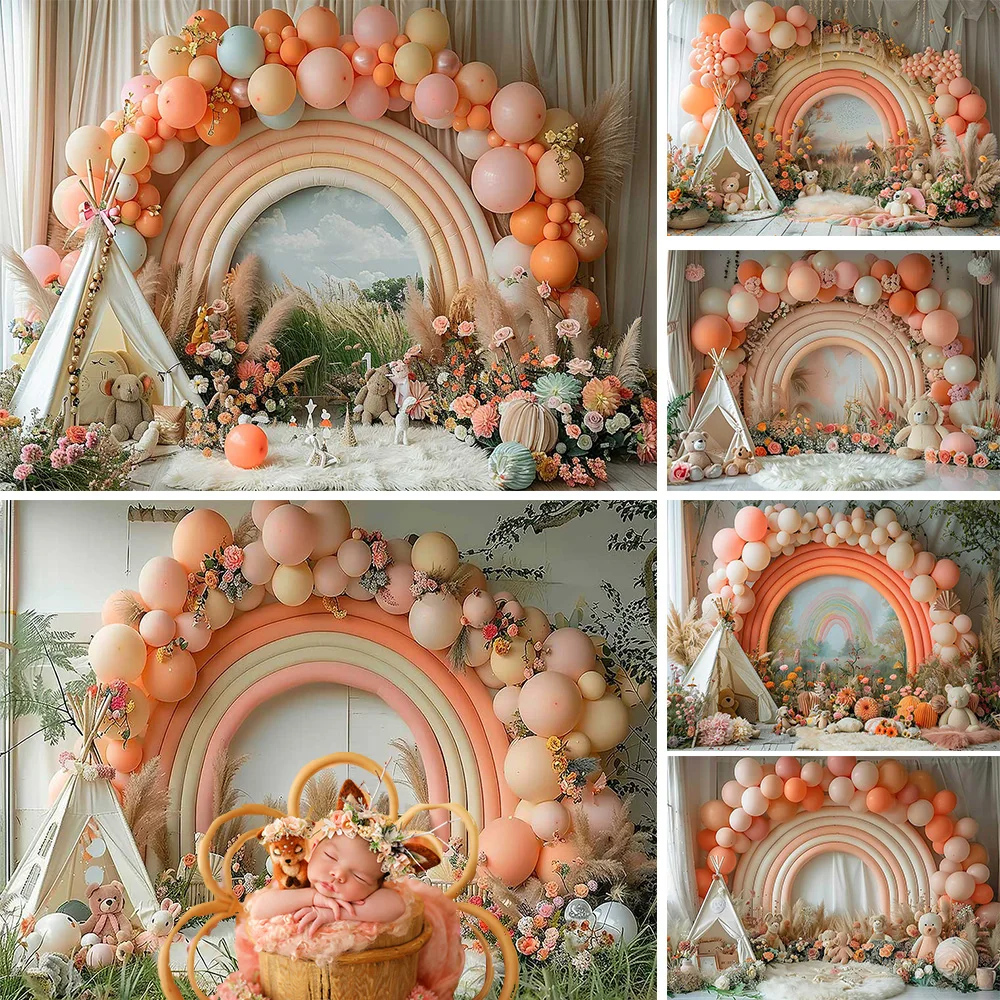 

Boho Bambi Girl Baby Show Background Arch Rainbow Balloon Door Tent Backdrop Decor Forest Picnic Birthday Party Studio Photozone