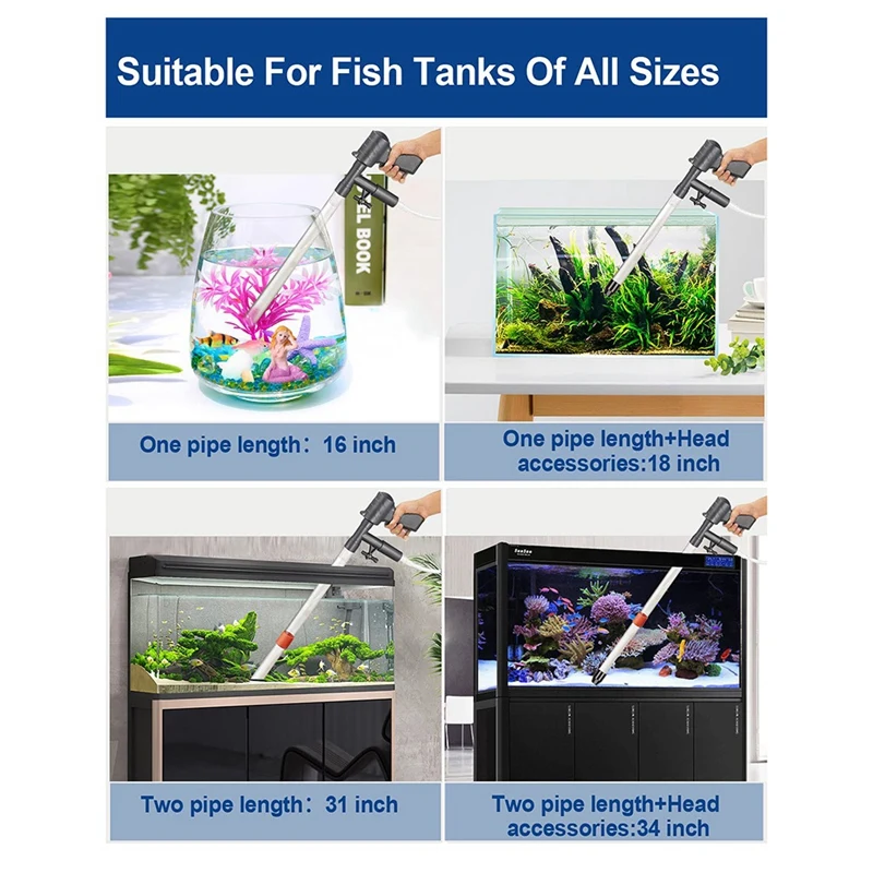 Aquarium Vacuum Cleaner Fast Fish Tank Siphon Cleaning Seaweed Scraper Air Pressure Button Water Changer Fishing Net Kit