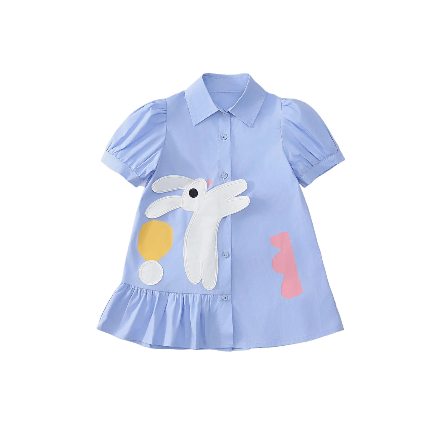 Girl's Pink Little Rabbit Sweet Dress 2026 Summer New Children's Korean Cotton Short Sleeved Shirt Dress for Children's Wear