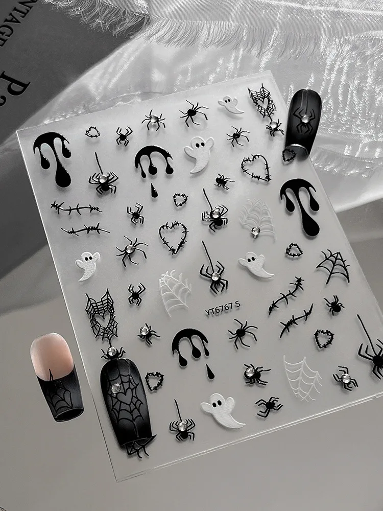 Adesivi per unghie di Halloween per manicure Ragnatela nera Fantasma bianco Designer Cursori autoadesivi per decorazioni artistiche per unghie