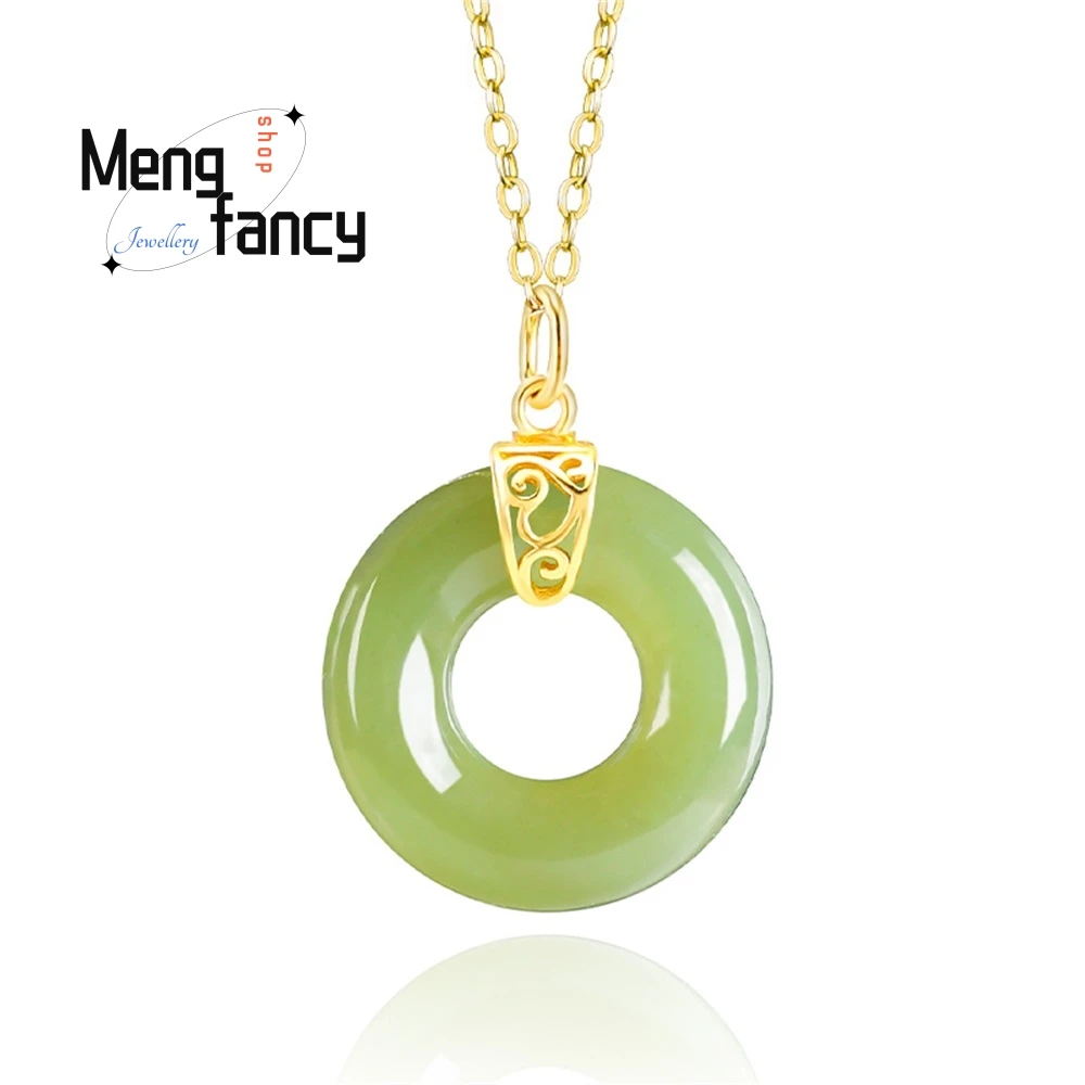 

Natural Old Material Hetian Jade, Green Jade Peace Pendant, Jade Ring Pendant, Genuine S925 Silver Inlaid Jade Pendant, Women's