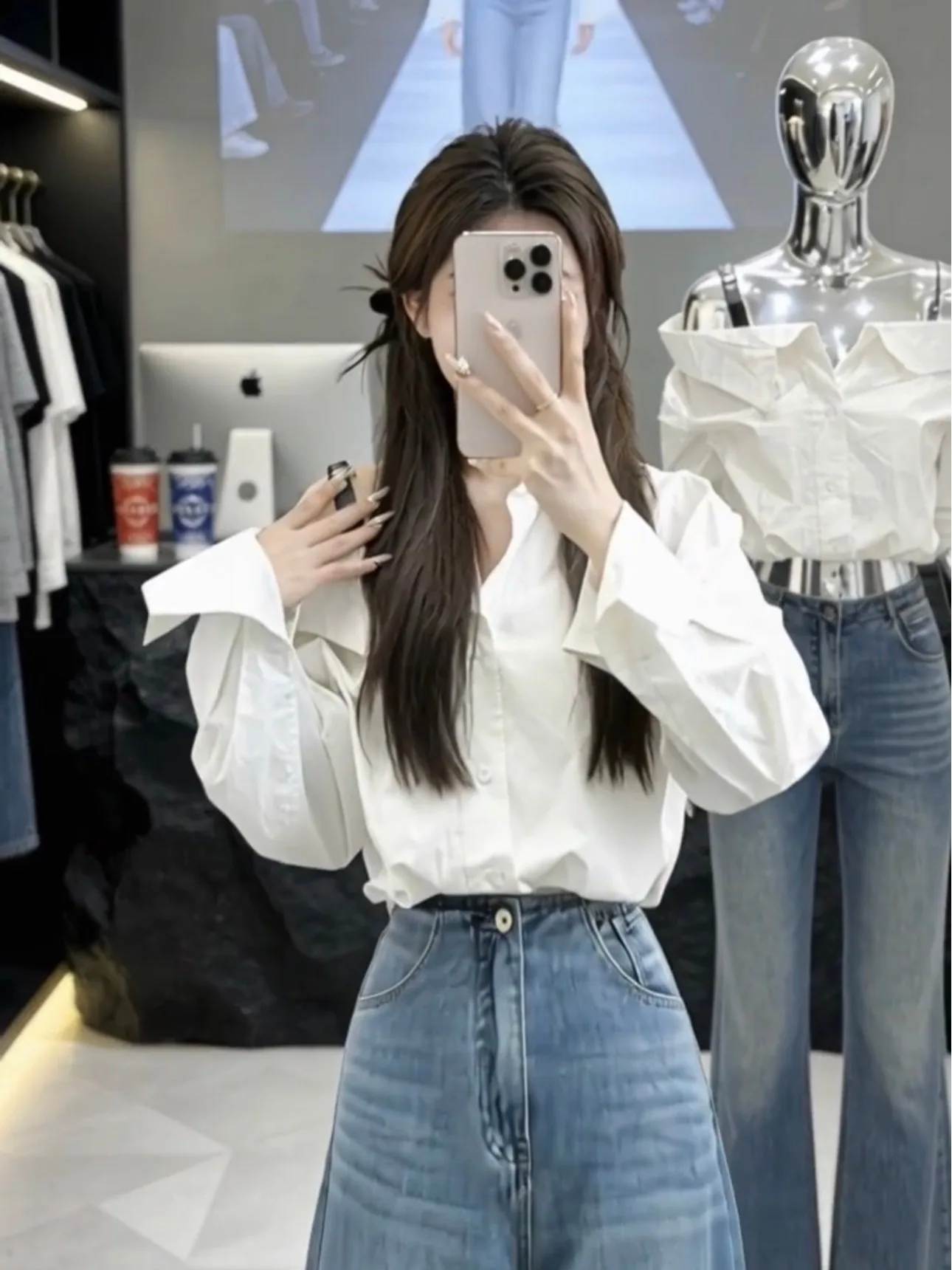 

French Style Loose Cotton Shoulder Bared Women's Shirt Belt Buckle Strap White Spring 2026 New Fashion Elegant One Shoulder B...