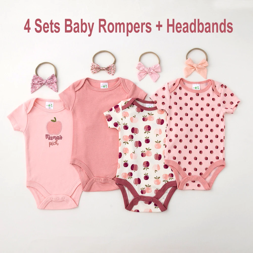 

F 80cm 4sets Infant Baby Girl Romper Headband Set Newborn Bodysuit Headband Summer Cotton Pink Jumpsuit Toddler Outfit Suit
