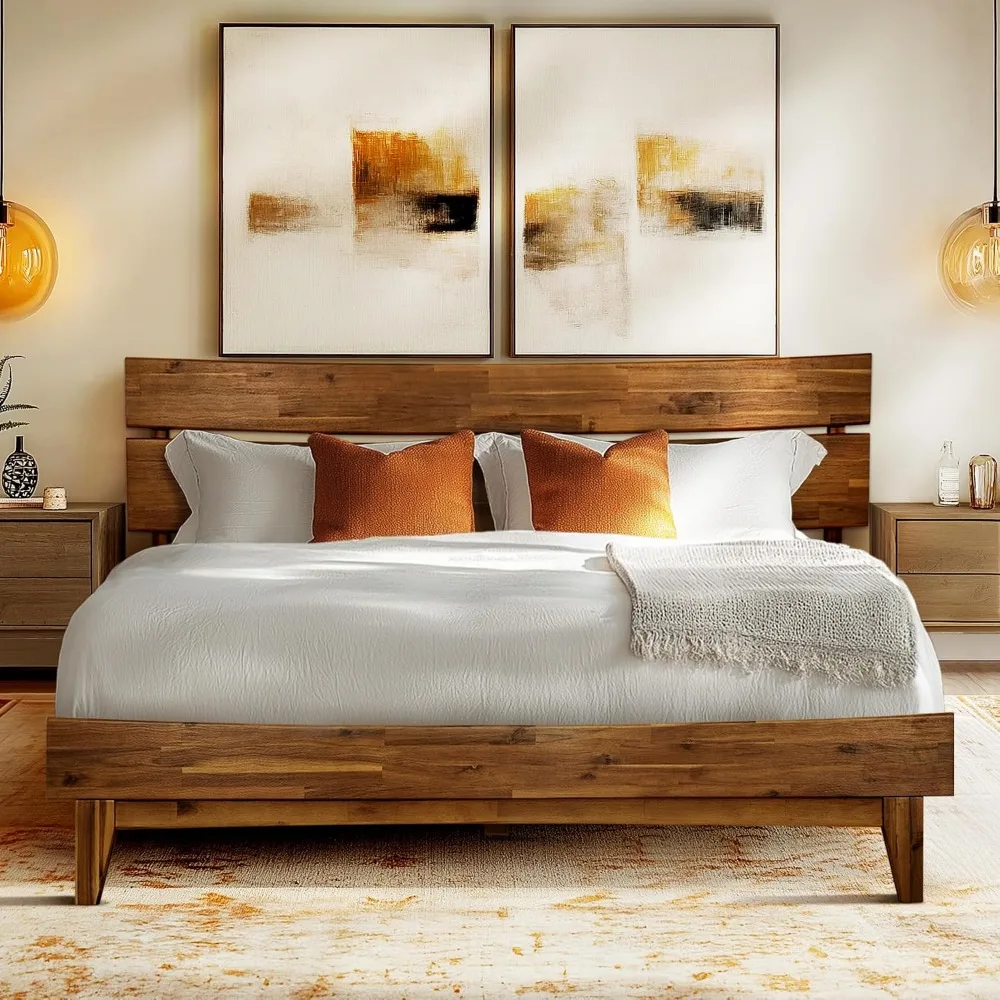 Queen Size Bed Frame, 800lbs Capacity Wood Bed Compatible with All Mattress Types, Non-Slip & Noise-Free, Wood Slats Support