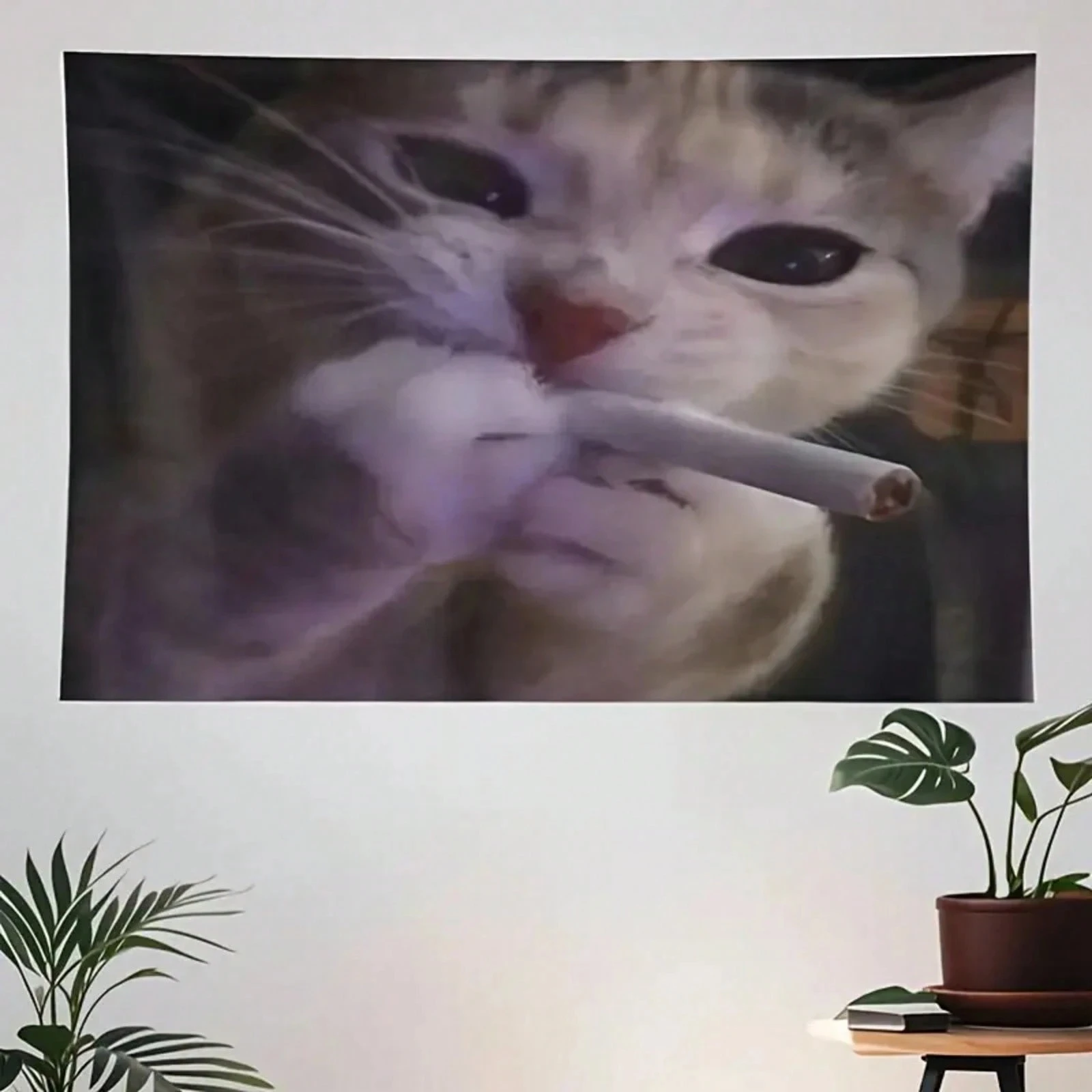 1pc Funny Smoking Cat Meme Tapestry, Sad Tabby Cat Holding Cigarette Wall Hanging, Multiple Sizes, Polyester 2D Print, Bedroom D