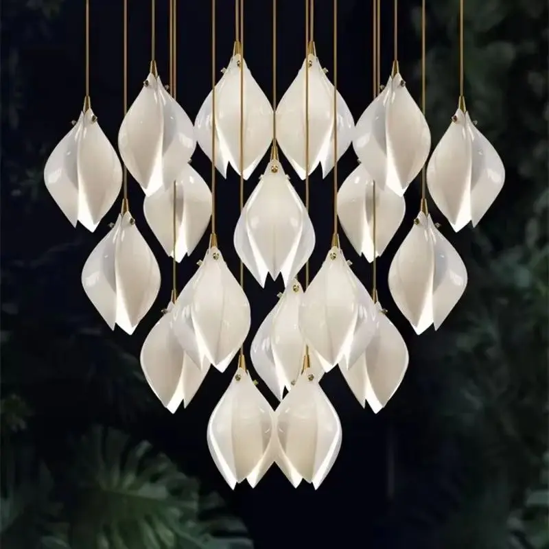 

Modern Ceramic Magnolia Led Chandelier Villa Staircase Petals Home Living Bedroom Suspended Pendent Light White Luxury Led Lamp