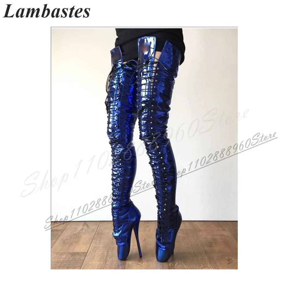 الفخذ العليا الأزرق براءات الاختراع والجلود الأحذية الفاخرة رقيقة أحذية عالية الكعب للنساء عبر تعادل جولة تو 2024 موضة Zapatillas Mujer