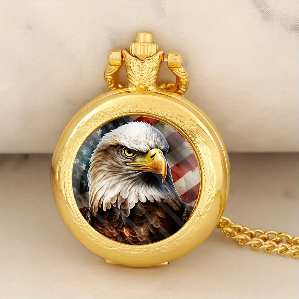 Luxury Bald Eagle Pocket Watch Animal Vintage Gold & Bronze Cool Exquisite Clock With Necklace Chain Men Children Best Gift