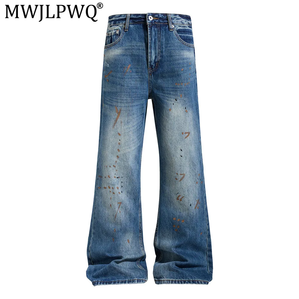 MWJLPWQ Frayed Edges Washed Distressed Denim Flared Pants Men's Vibe Hand-Painted Graffiti Splatter Paint Loose Trousers 20749