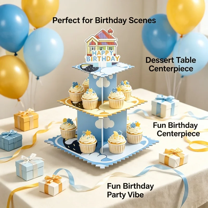 Soporte para Pastel de Cumpleaños con Diseño de Perro Azul, Torre de Postres de Papel de 3 Niveles, Decoración de Mesa Temática Linda, Artículos para Fiestas, Celebración al Aire Libre