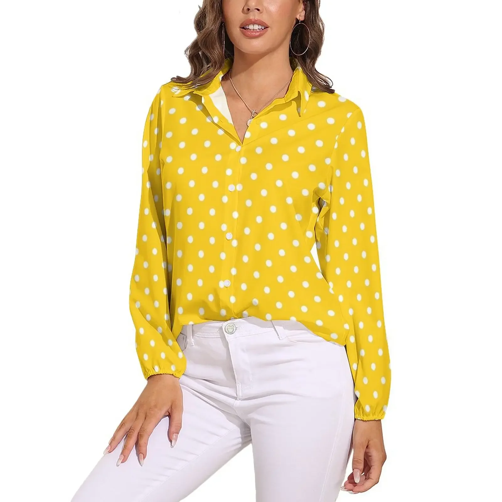 Vintage Polka Dots Blouse Long Sleeve Women Shirt White And Yellow Blouses Women Casual Shirt Graphic Clothing Office Ladies Top