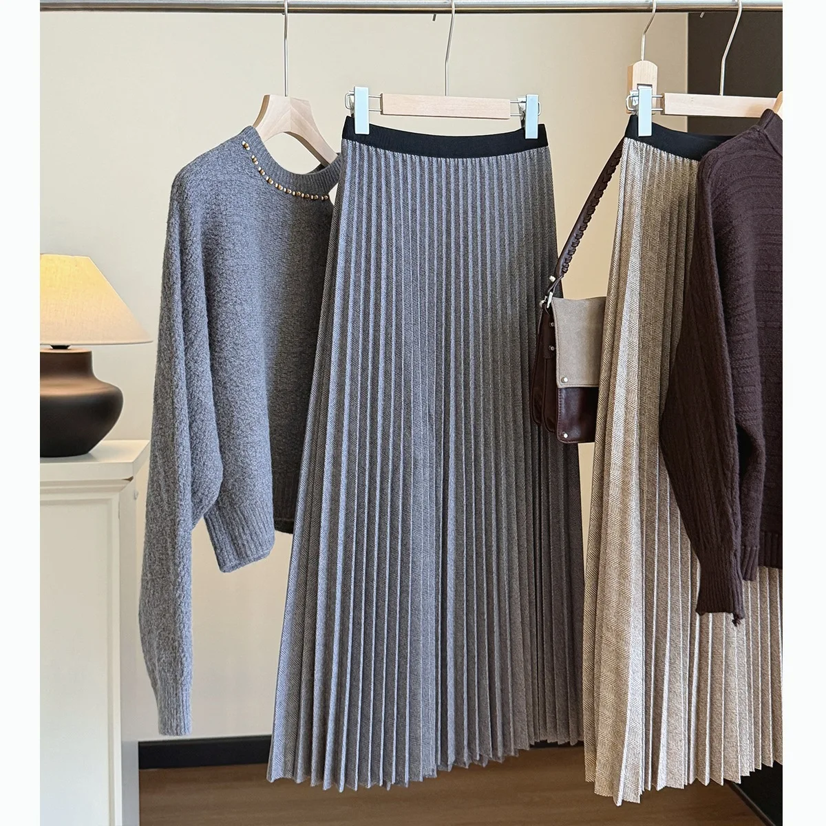 Seoulish Women's A Line Woolen Pleated Midi Skirt 2026 Autumn Winter New High Waist Solid Color Office Lady Casual Skirts Female