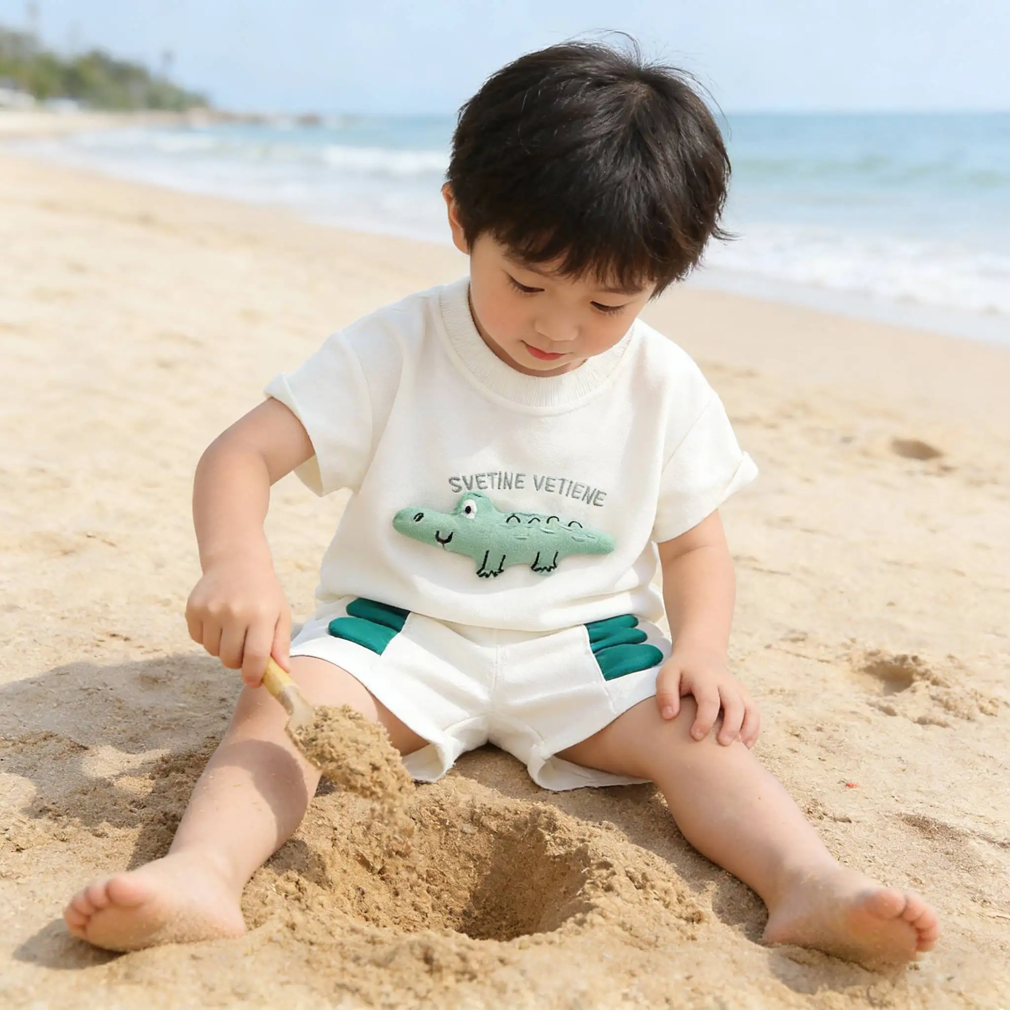 Kid Boy Summer Short Sleeves Clothes Tees+Shorts 2-piece Set Cartoon dinosaur Print Soft SportsSuit for 2 3 4 5Years seaside