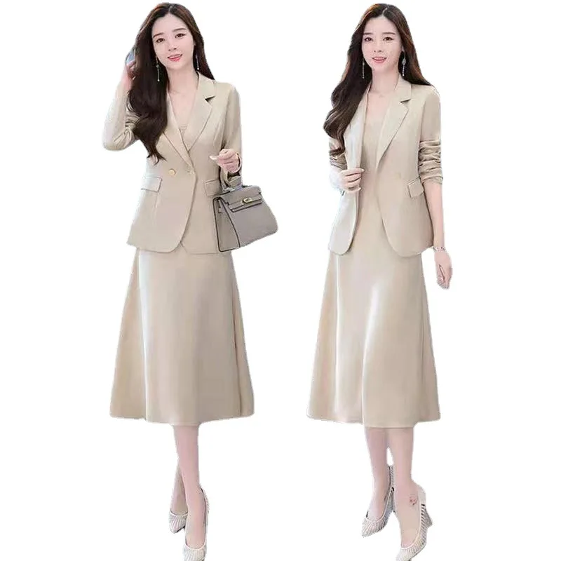 M-4xl Suit Women's Spring and Autumn Korean Version Black Fashion Temperament Slim Office Suit Suspender Skirt Two-piece Set