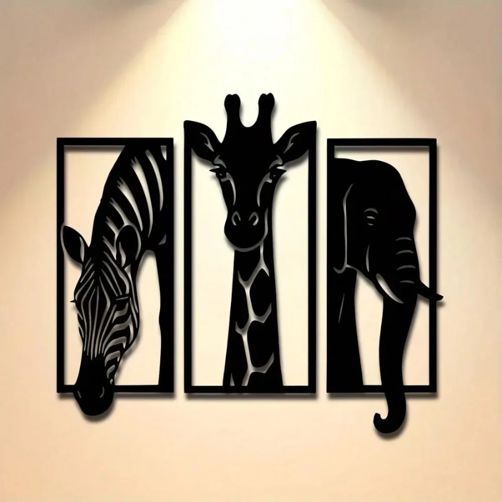 Wall-Mounted Metal Decorative Three-Piece Set, Featuring Modern Elephants, Giraffes, and Zebras, Suitable for Indoor and Outdoor Home Decor