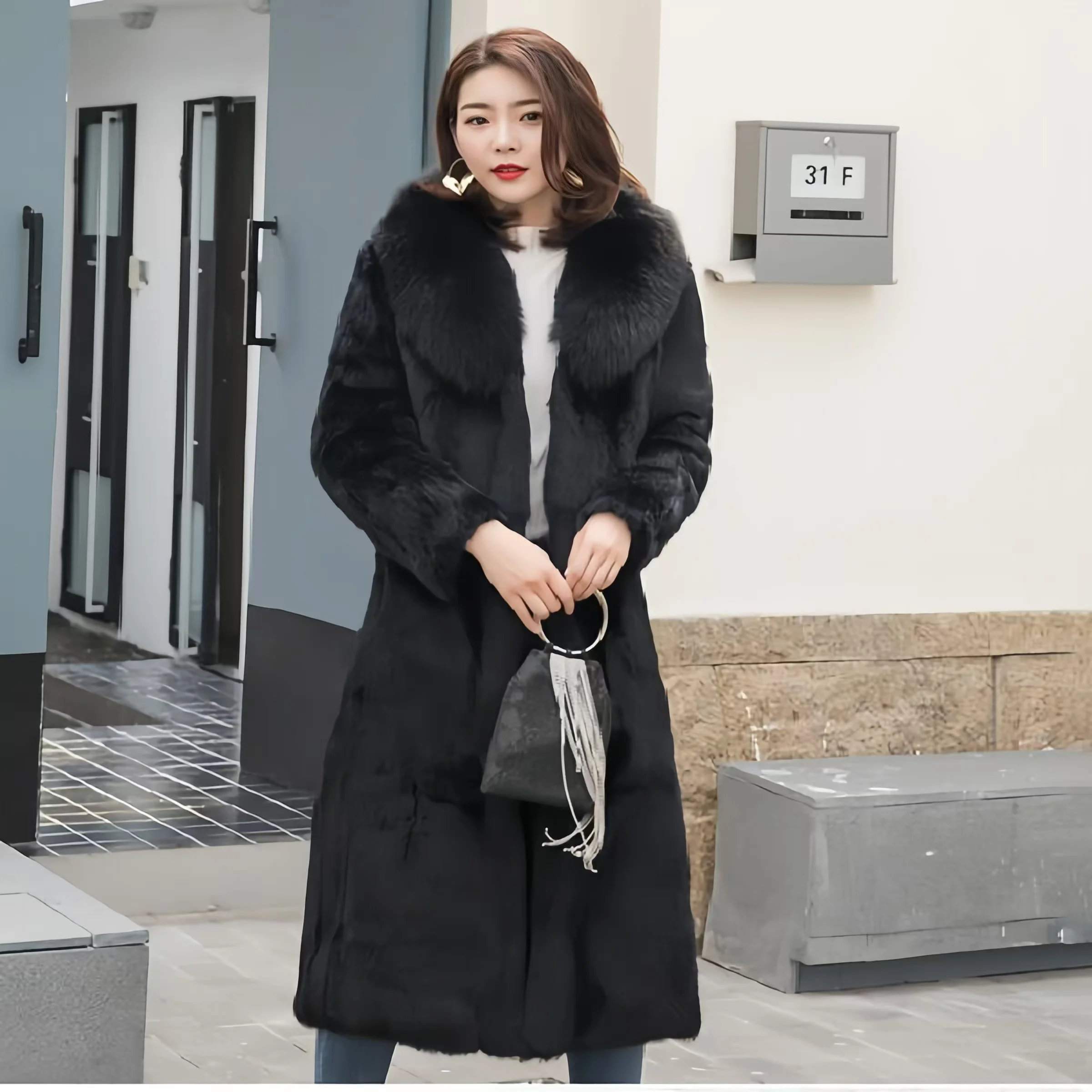 Real genuine natural full pelt rabbit fur coat with fox fur collar women fashion jacket custom any size 2024