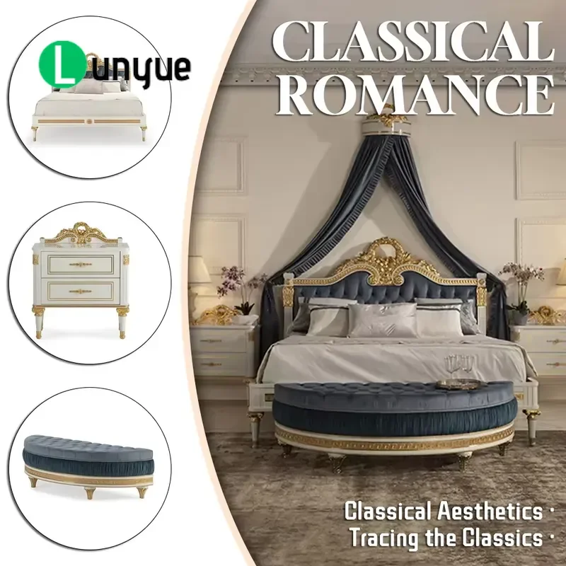 Luxury European Antique Queen Bed Hand Carved White Birch Traditional Bedroom Furniture Set Comfortable For Hotel Use