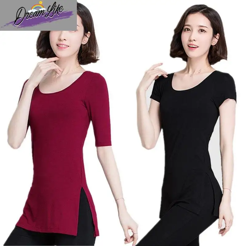 

New Yoga Top Women's ort Sve Dance Practice Modal Sport Fitn Split Mid-Length Summer Faion Ladies' Ethnic Costume