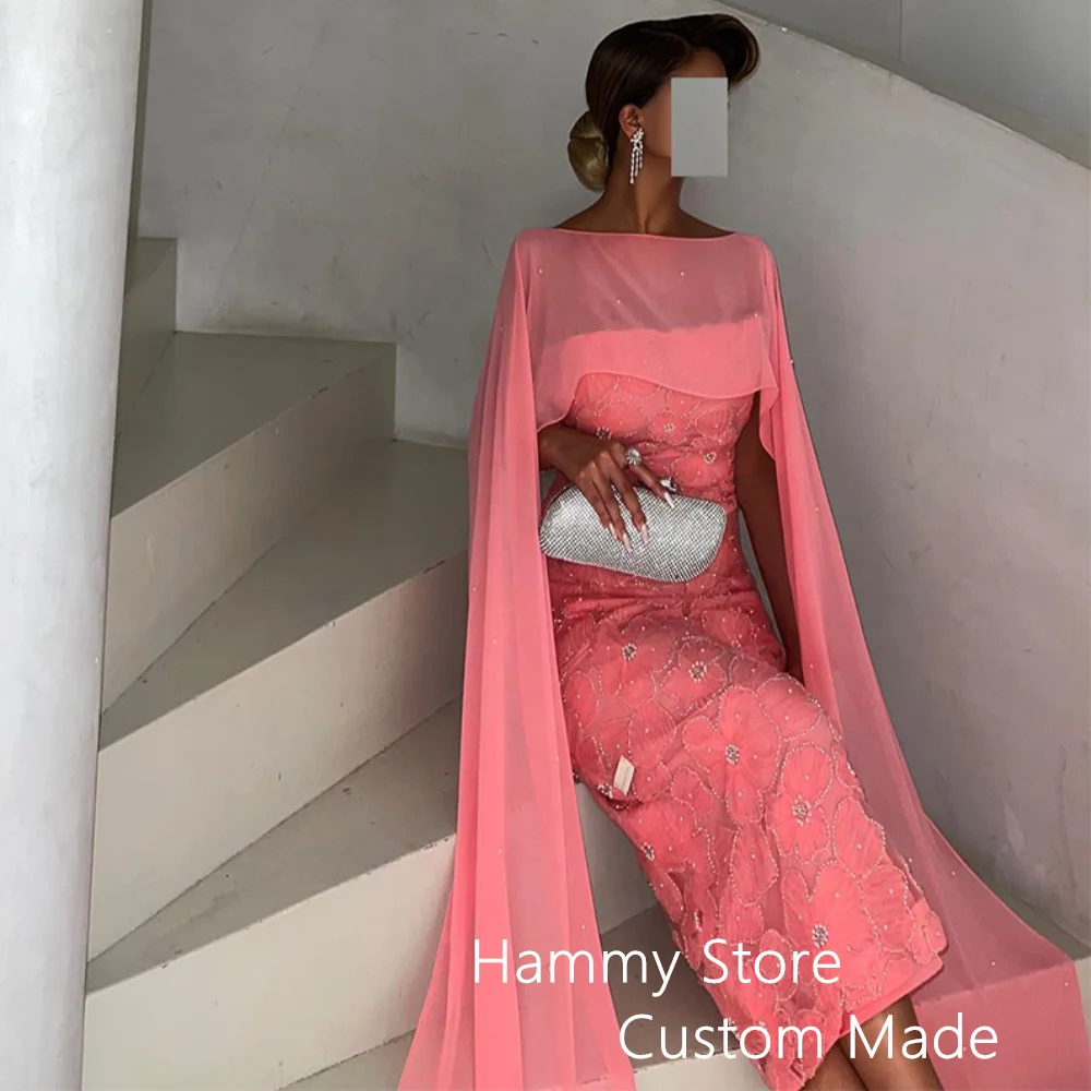 Peach Pink Evening Dress with Chiffon Cape Strapless Sleeveless Exquisite Lace Flower Mermaid Party Gown Saudi Arab Prom Dresses