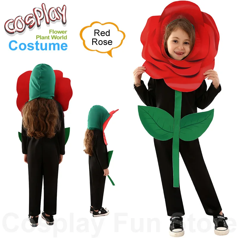 Grils Cosplay Red Rose Costume Performance Flowers Cartoon Plants Jumpsuit Children's Party Yellow Sunflower Clothing Stage Show