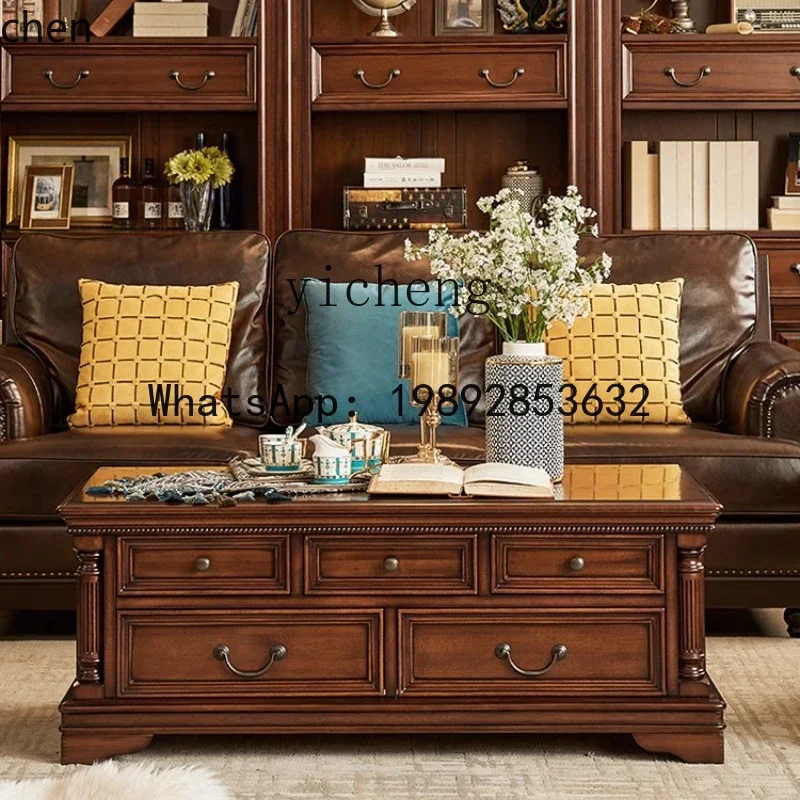 

HT neoclassical gold silk teak all solid wood living room furniture drawer coffee table
