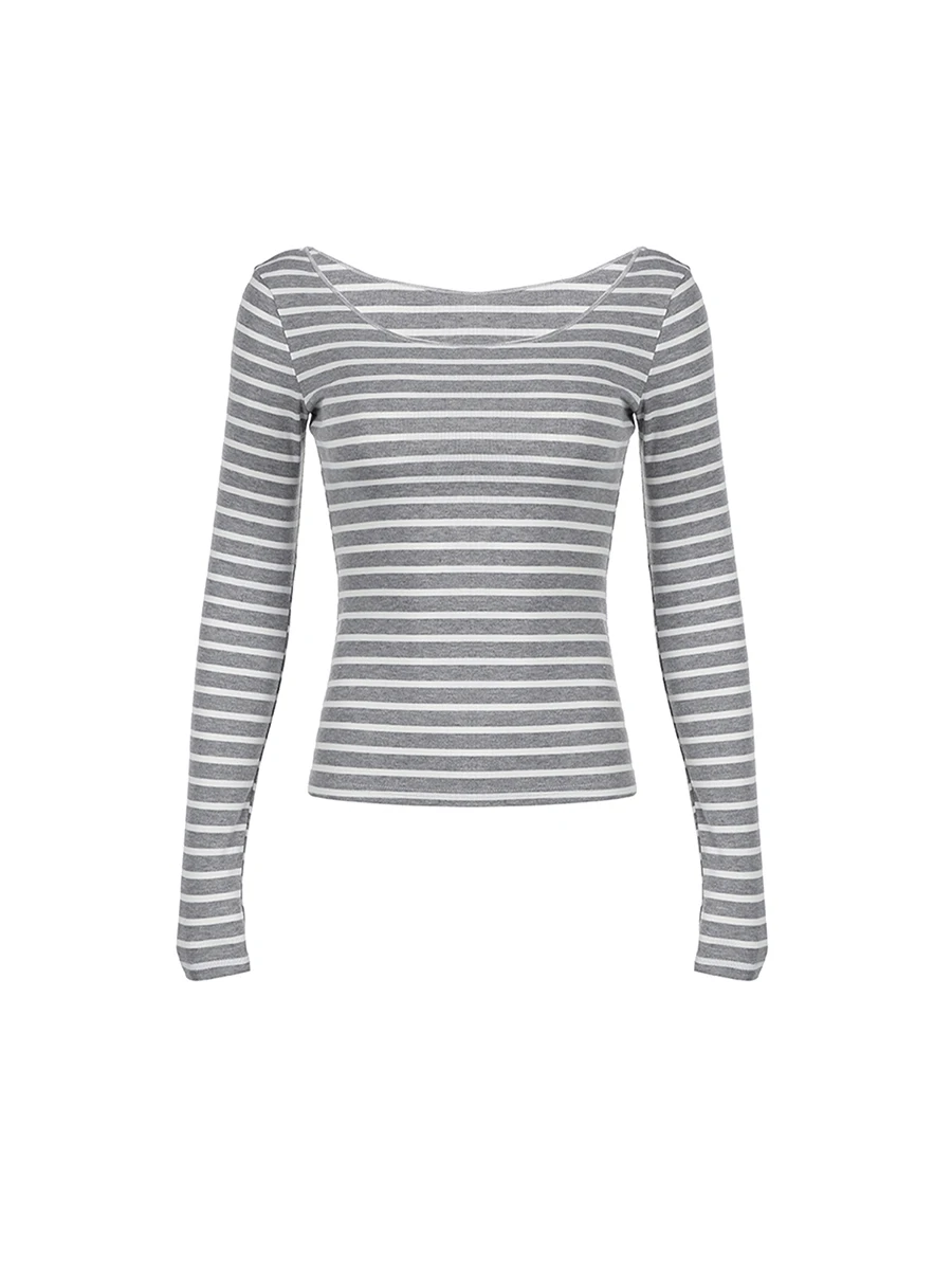 T-shirt casual da donna a maniche lunghe a righe con spalle scoperte per streetwear autunnale