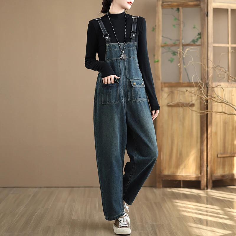 Aricaca Casual Denim Jumpsuits Women Elastic Wasit Vintage Denim Overalls High Waisted Jeans