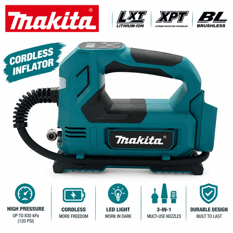 Makita 18V Battery LXT Cordless Tire Inflator, Portable Handheld Electric Air Pump Air Compressor for Car Tires, Bicycles, Balls