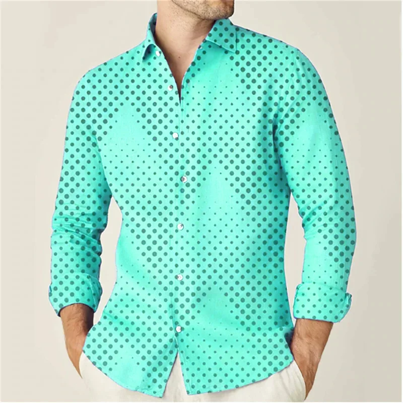 2024 Fashion Men\'s Shirt Casual Polka Dot Printed Long Sleeve Tops Men\'s Clothing Cardigan High Quality Elegant Tops XS-6XL