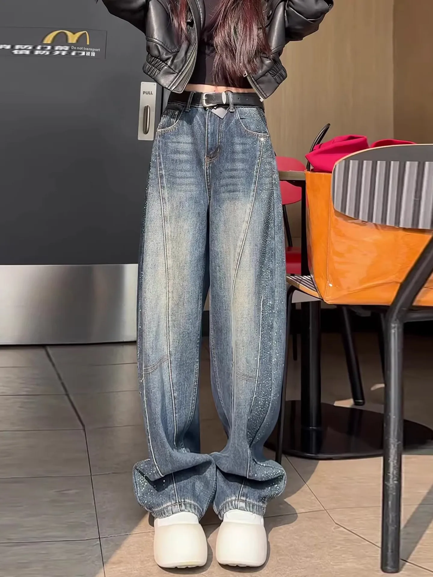 

High Waist Knife Glittering Rhinestone Denim Pants Women's Summer Fashion Slimming Wide Leg Pants Ladies' Jeans