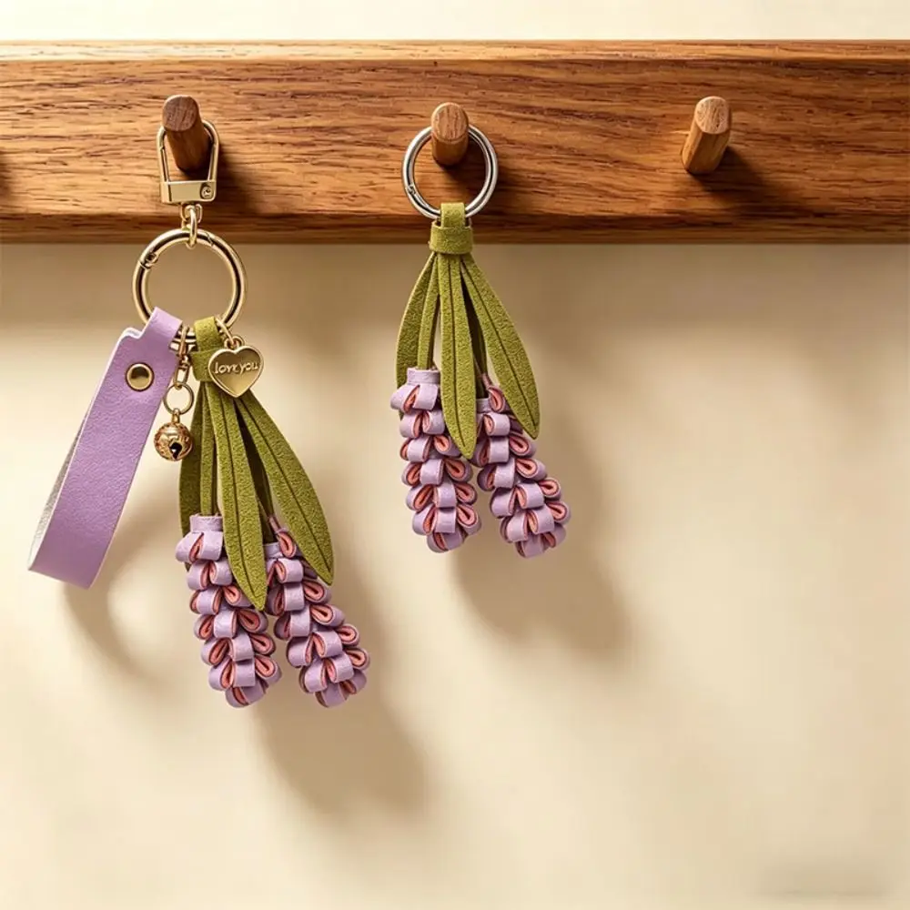 Cute Purple Pu Leather Flower Pendant Hanger Weave Pu Flower Keychain Creative Lavender Bag Charm Men