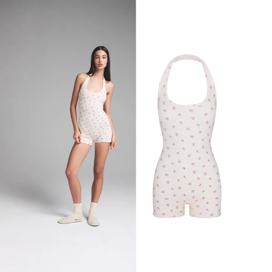 

Vntine's Day Floral Print ter Ne-Piece Suit Bal Elastic Casual Rer mid Waist ort Pants Women's Faion