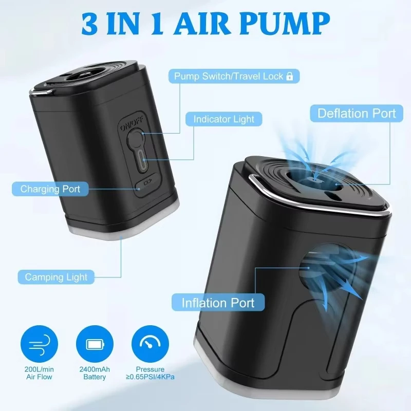 2400mAh Electric Air Pump For Camping Hiking Mattress Wireless Inflator Rechargeable Air Cushion Inflator and Deflator Pump
