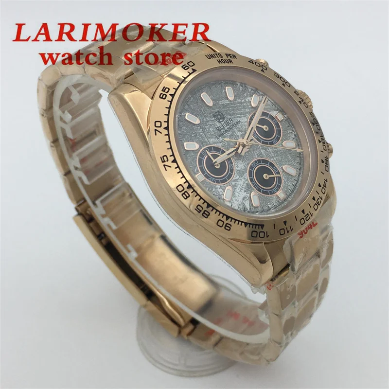 นาฬิกาควอตซ์โครโนกราฟ39มม. แฟชั่นหรูสำหรับผู้ชายนาฬิกาเหล็กทองคำสีกุหลาบหน้าปัดสีเทาคริสตัลแซฟไฟร์เคลื่อนไหว VK63