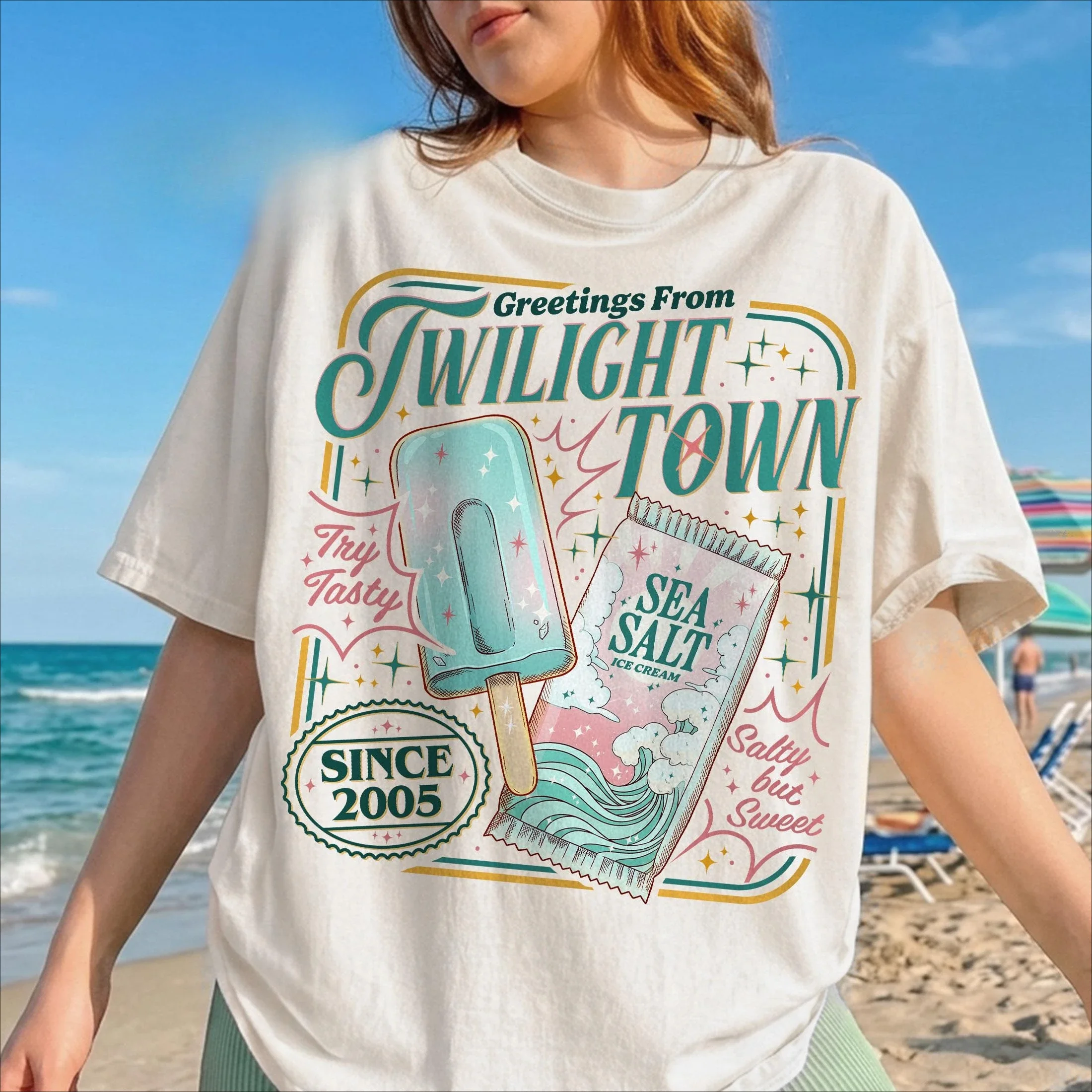 Unisex Vintage Twilight Town Sea Salt Ice Cream Graphic T Shirt Retro Postcard Oversized Summer Short Sleeve Tee For Women Men