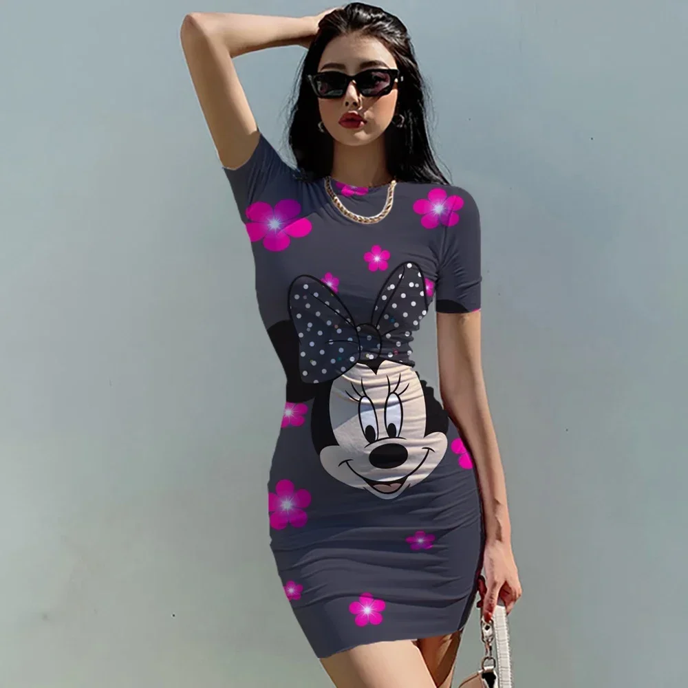 Disney Minnie Mickey Mouse bow print Elegant Pencil Dress Womens Simple Sheath Office Dresses Summer Short sleeve Casual Vestido