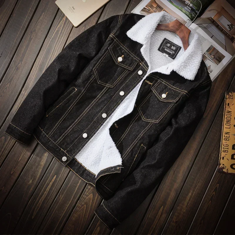 Trendy men's winter light-colored lamb fleece denim jacket Korean version large-size jacket with fleece and thicker top