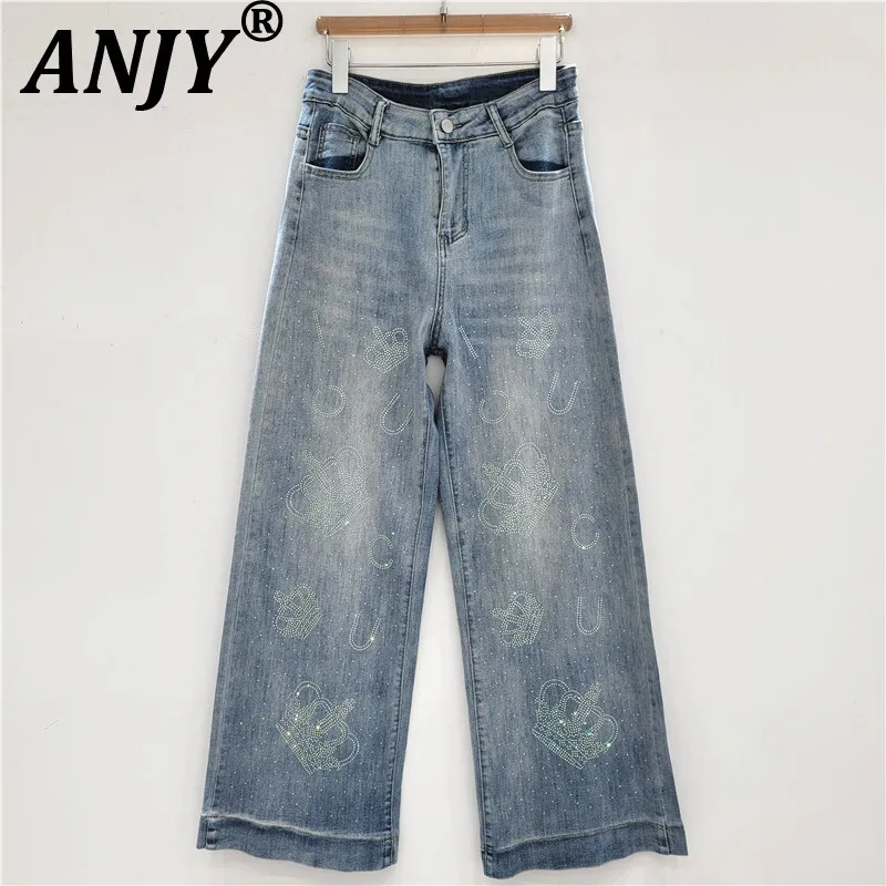 

ANJY Autumn New Women Trendy Jeans Heavy Craft Studded Diamonds Straight Slimming High Street Elegant Denim Wide-Leg Pants A9805