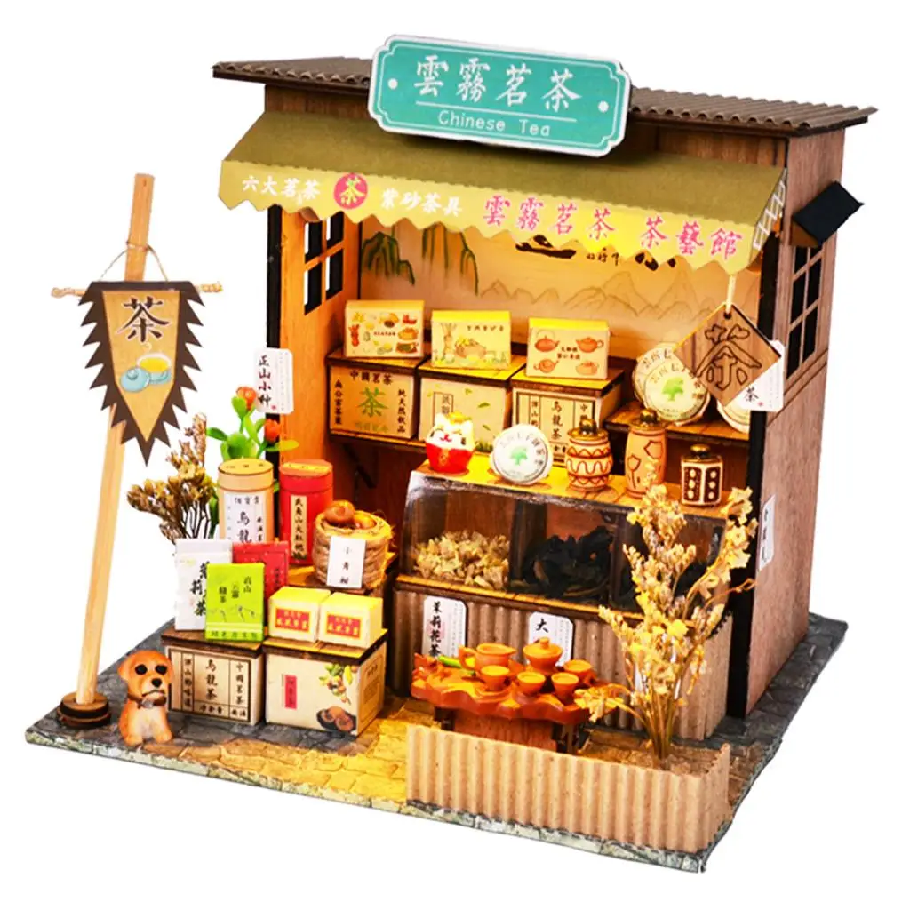 Puppenhaus-Miniatur mit Möbeln, DIY-Holzpuppe, kreatives Tagesgeschenk im Maßstab 1:24 – Teehäuse