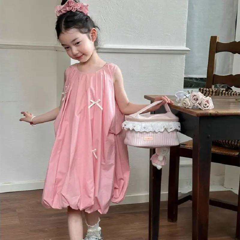 

Baby Girl's Dress Small Bow, Cute Children'S Flower Pleated Bud Dress, New And Innovative 2024 Summer Pink Dress Kids Clothing