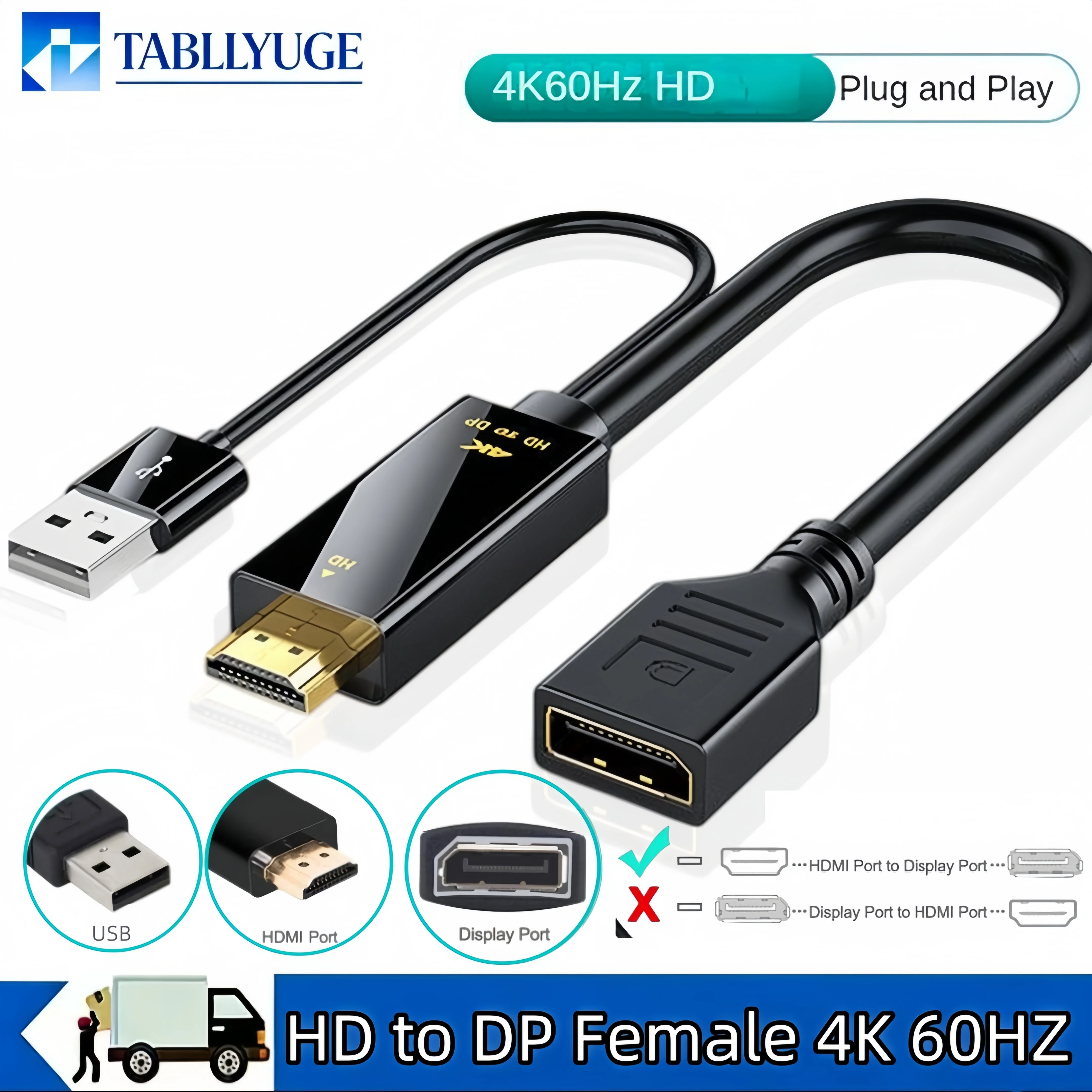 4K 60Hz HDMI-compatible Male to DisplayPort Female USB Powered High Definition HDMI-compatible to DP Cable for Monitor PC Laptop