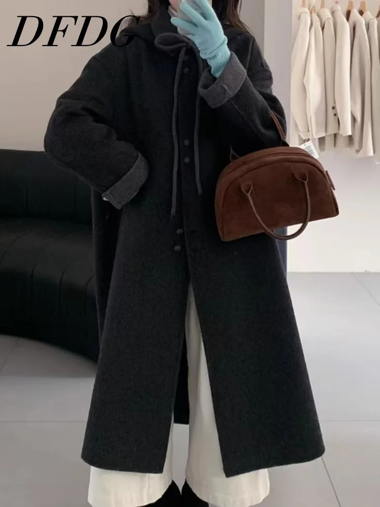 

DFDG 2025 FW Women’s Button Front Reversible Wool Coat Youthful Designer Tweed Overcoat Casual Elegant Winter Mid-Long Jacket