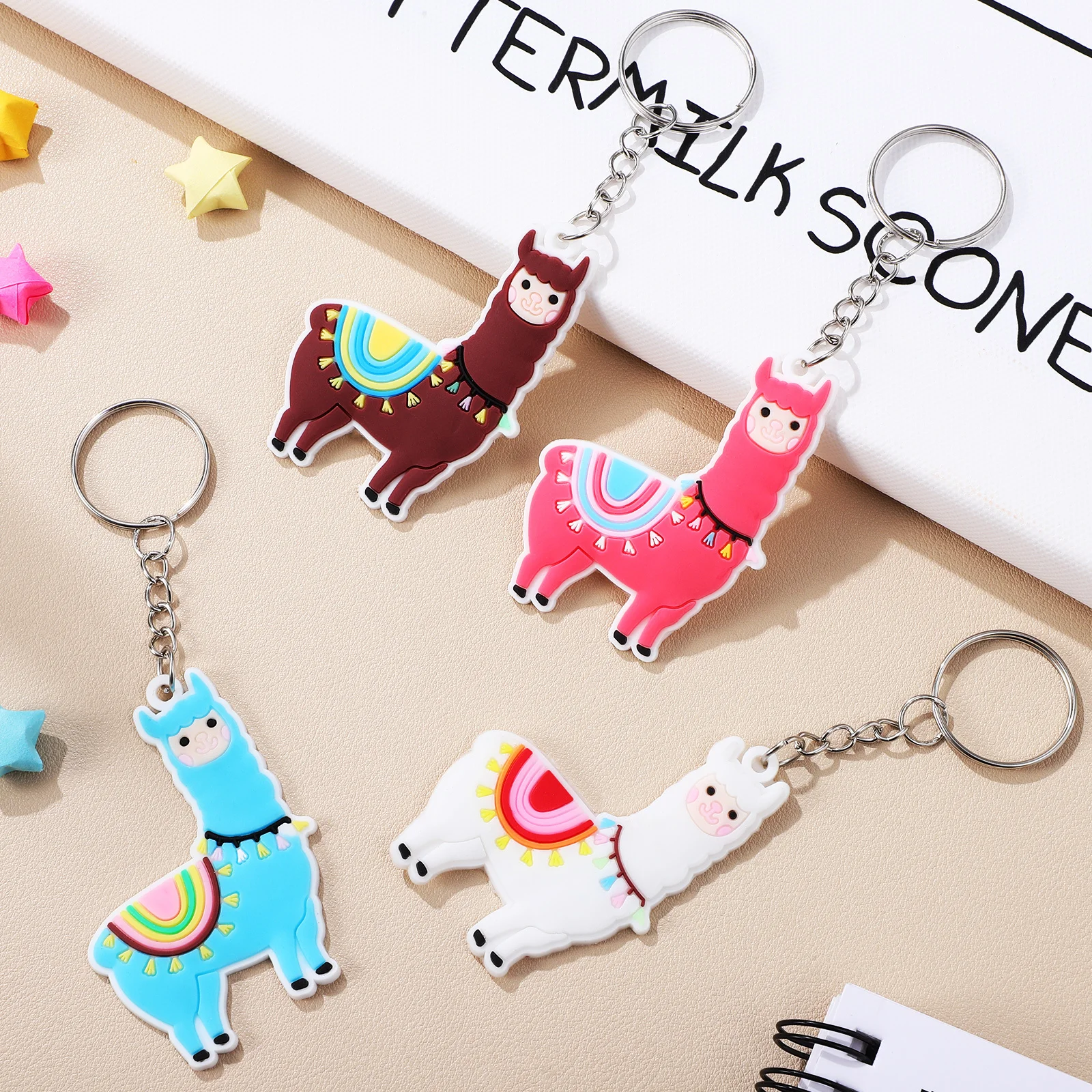 

12 Pcs Alpaca Keychain Cute Cartoon Kawaii PVC Keyrings Blue Pink White Brown Gifts Packaging Bag Charms Handbags