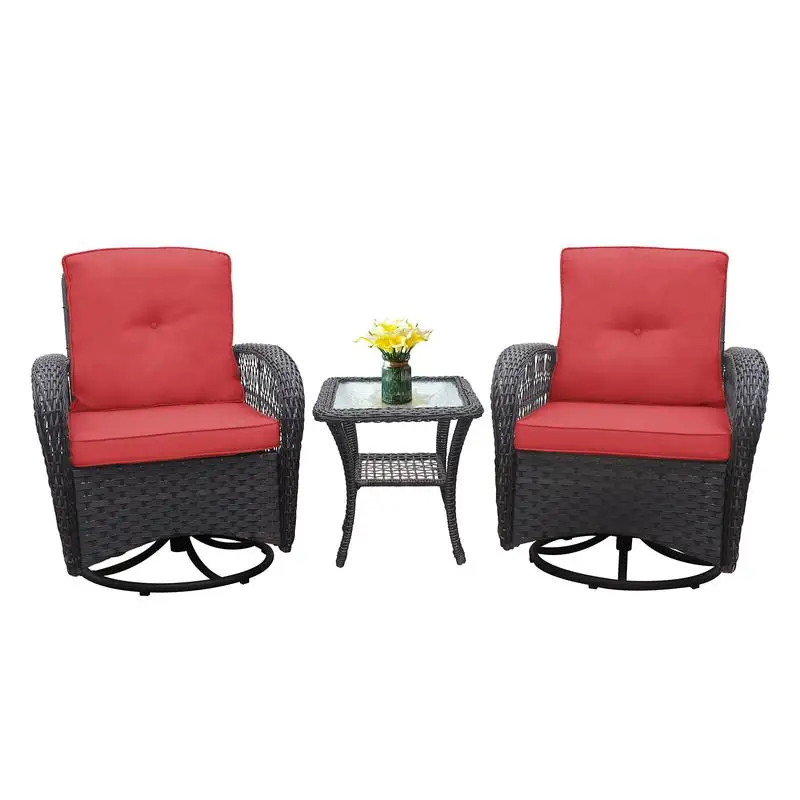 

3-Piece Outdoor Wicker Rocking Chair Set with Glass Top Side Table - Red