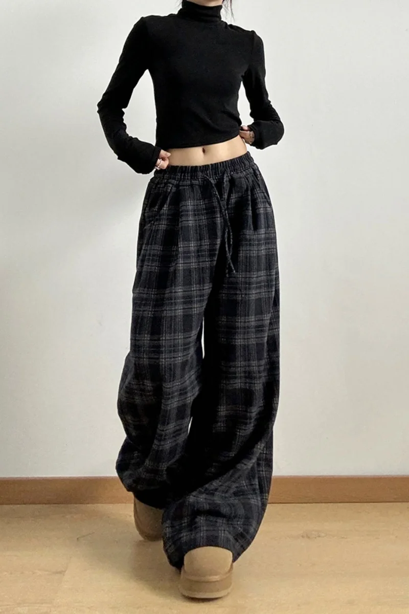Harajuku Black White Plaid Pants Women 2024 Oversized Wide Leg Trousers Female Korean Style High Waist Checkered Pants Female