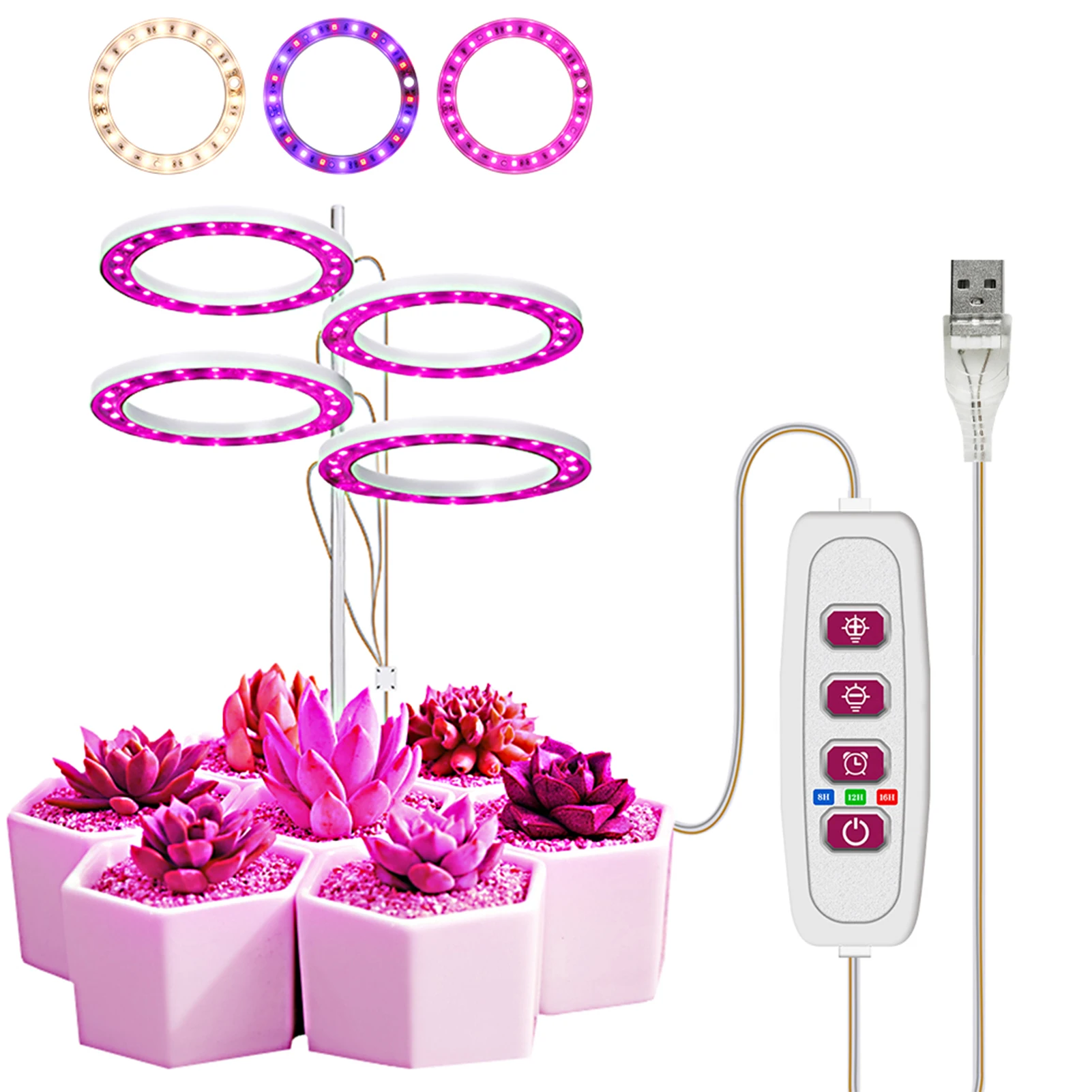 LED Grow Lights Full Spectrum Plant Lamp with 20 LEDs 8H/12H/16H Timer 5 Dimmable Levels Height Adjustable USB Angel Ring Lamp