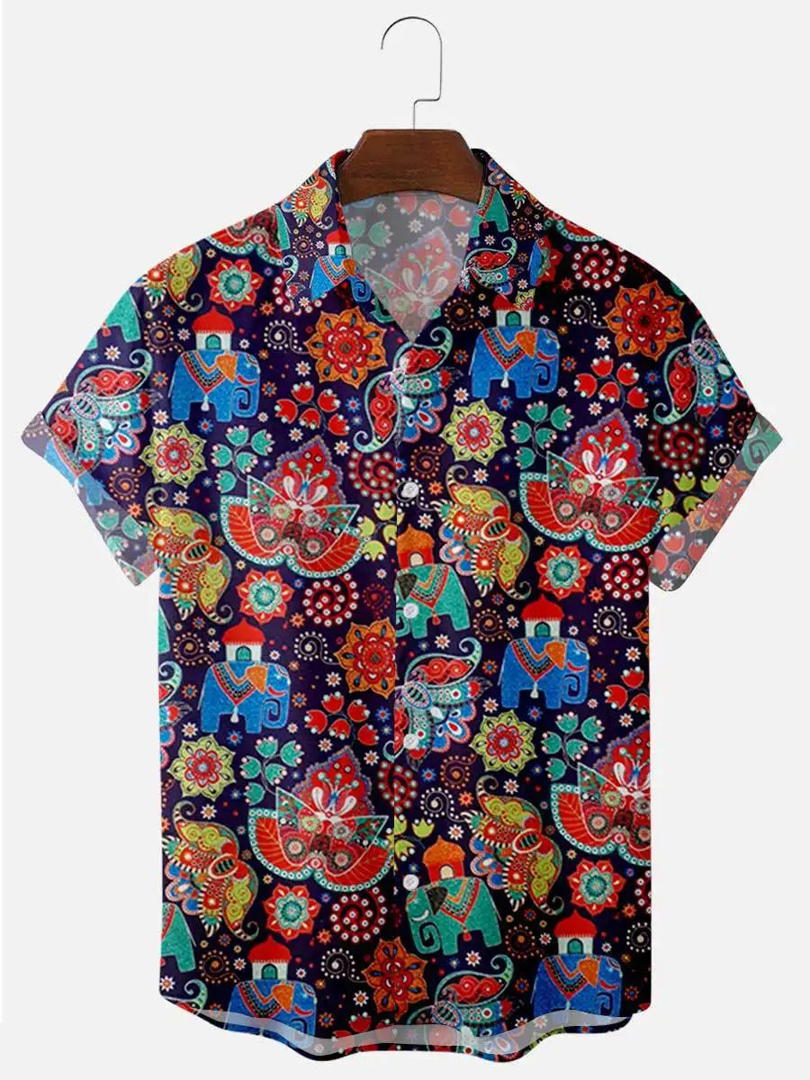 Summer Breathable Top Elephant Flower Short Sleeve Shirt Men's Fashion Hawaiian Beach Casual Polo Shirt